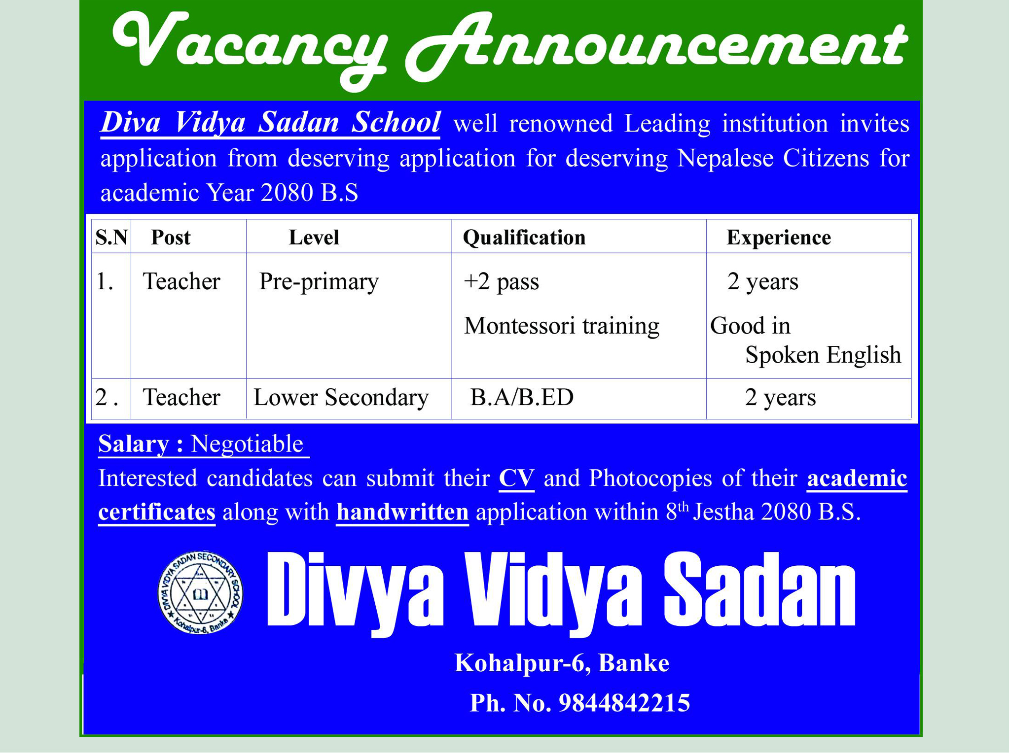 Vacancy Announcement of Divya Vidya Sadan School
